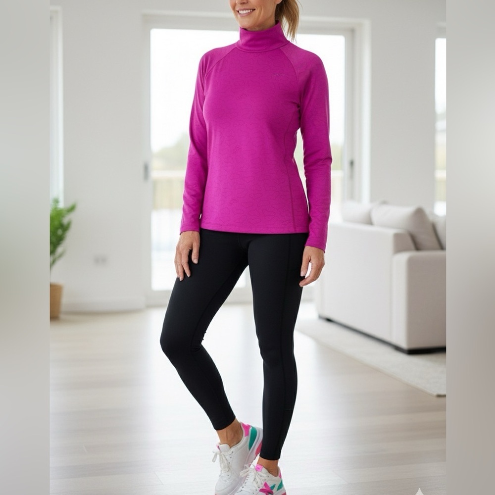 St-John Sport Marie Gray Pink Hearts Long Sleeve Mock Neck Pullover Top